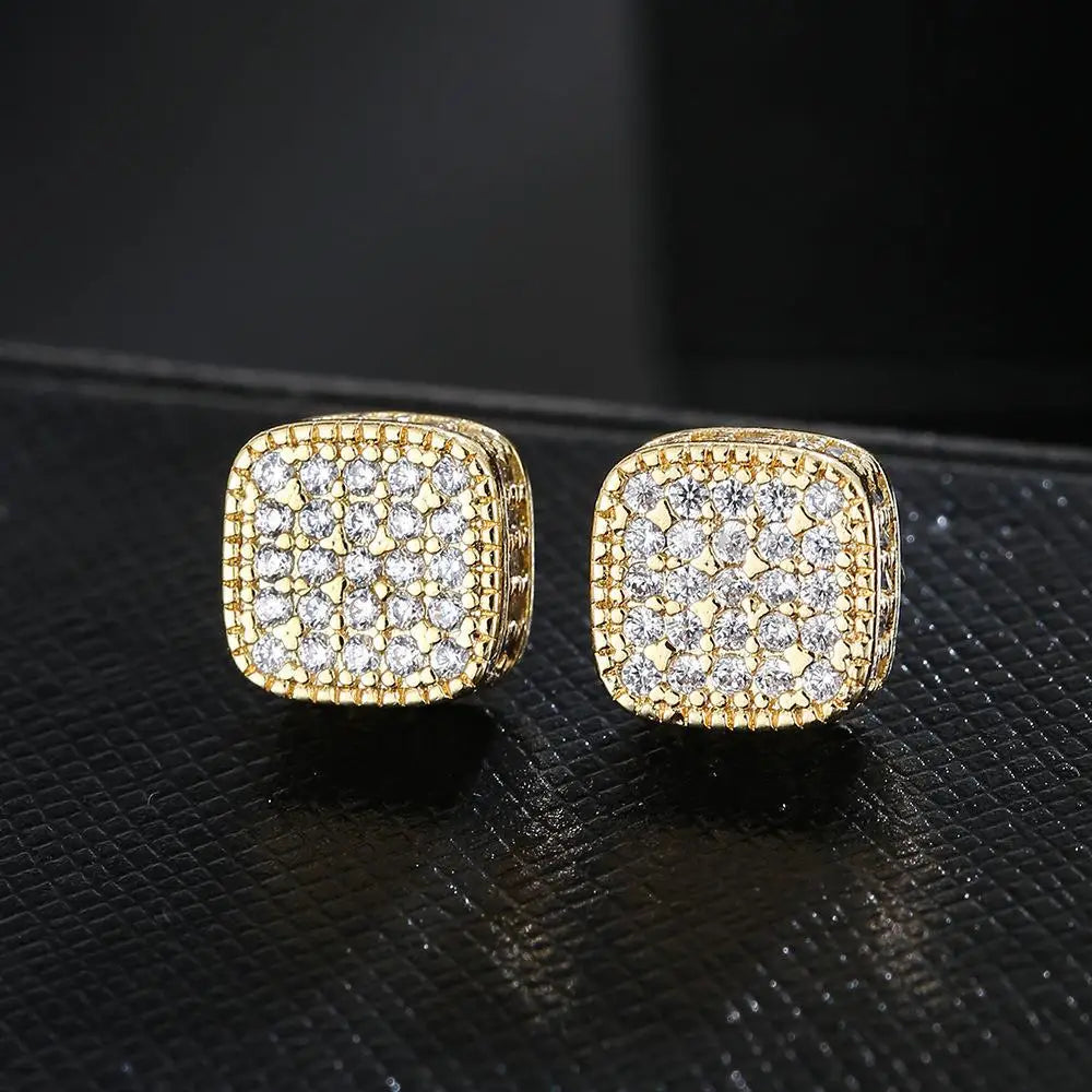 Iced Out Square Zirconia Stud Earrings for Men Women — Gold-Tone