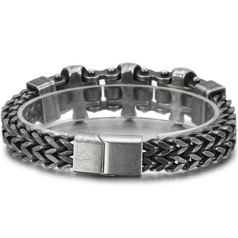 Gothic Three Skulls & Bike Link Chain Men Bracelet for Man Vintage Solid Black 316L Stainless Steel Skeleton Jewelry