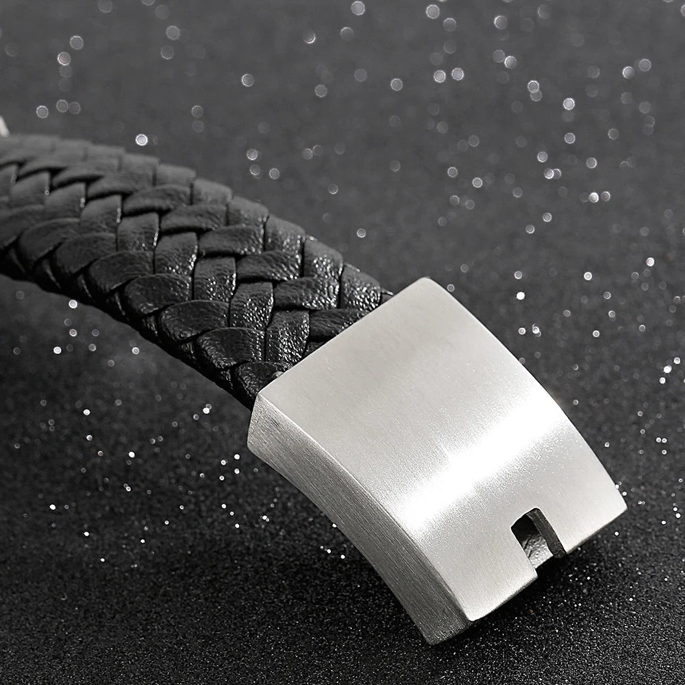 24MM Wide Cuban Chain Bracelet for Men Matte Brushed Stainless Steel With Braided Leather Men's Bracelets Bold Hip Hop