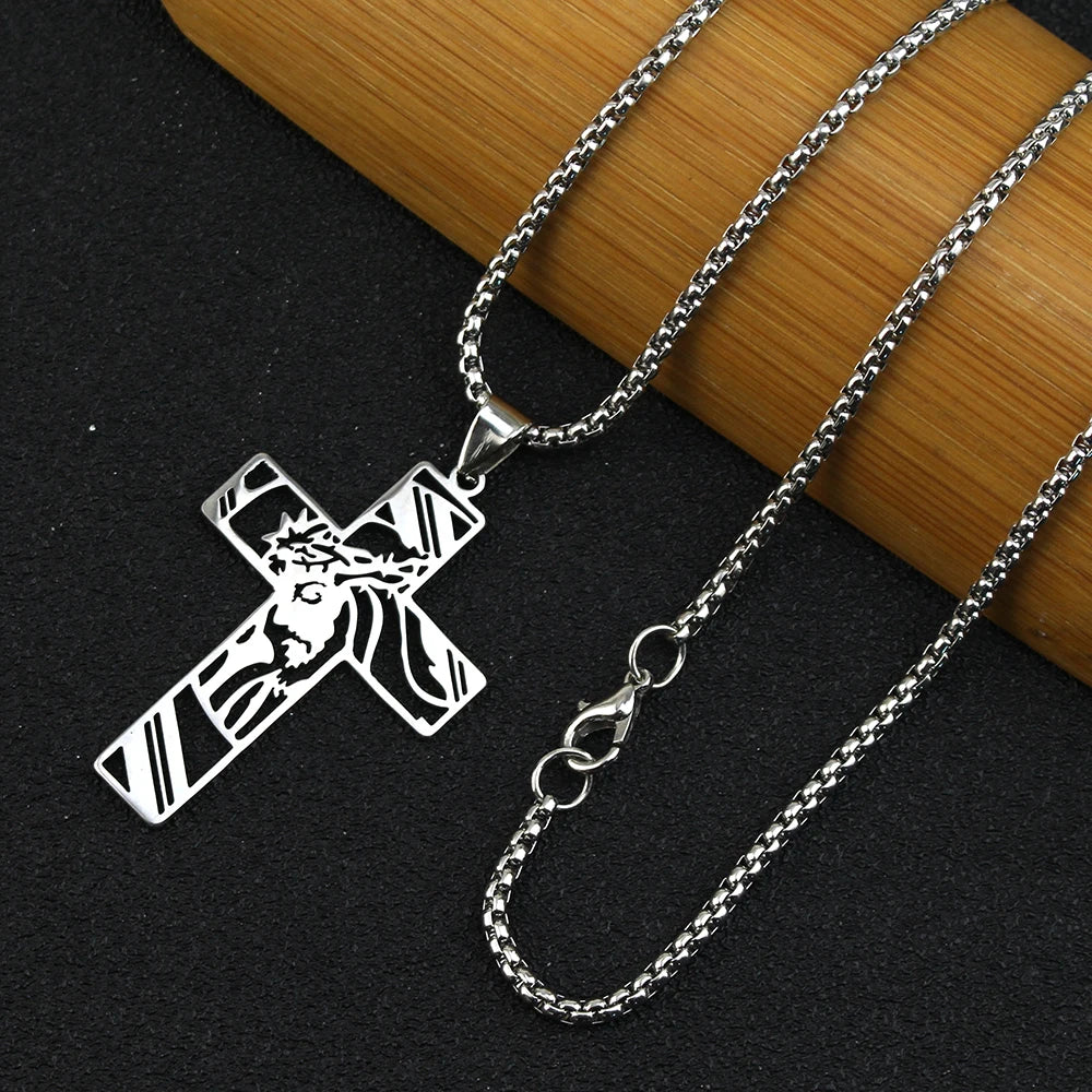 Crown of Thorns Jesus Cross Cutout Necklace — Stainless Steel
