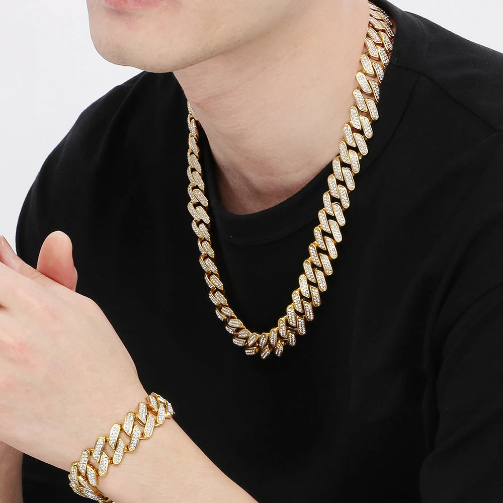 Hip Hop Rock Men's CZ Necklace & Bracelet Jewellery Set Luxury Waterproof Gold Color Stainless Steel Jewelry