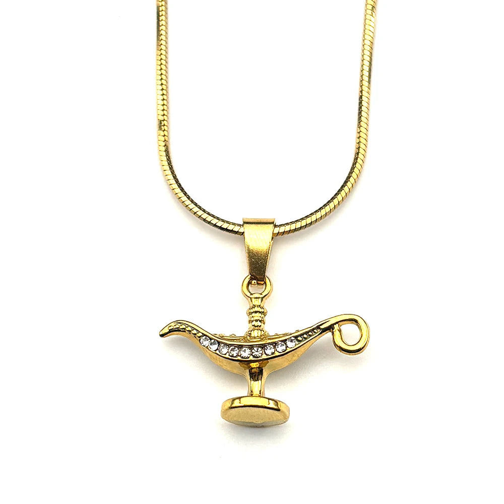 Snake Gold Pendant Vintage Aladdin Lamp Rhinestones