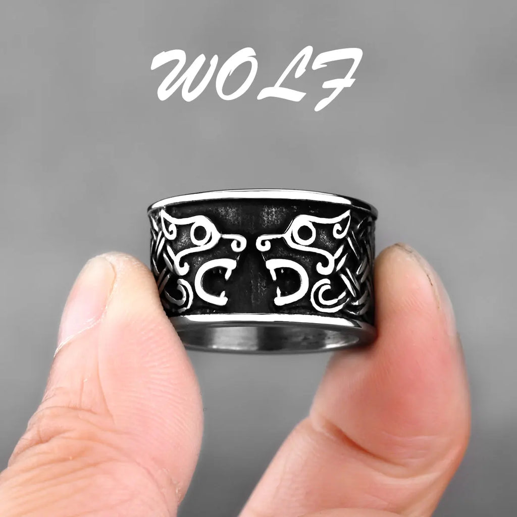 Viking Double Wolf Rune Ring, Black — Stainless Steel