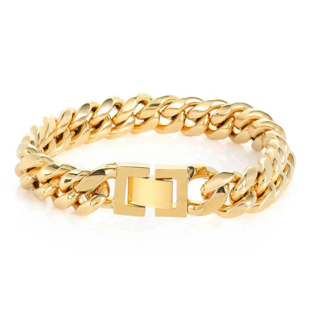 6-16mm Gold Color 316L Stainless Steel Curb Cuban Link Chain Bracelet Bangle Jewelry 7-9inch for Men Women