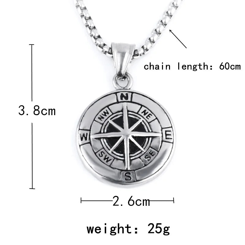 Viking Compass Pendant Necklace Silver Stainless Steel