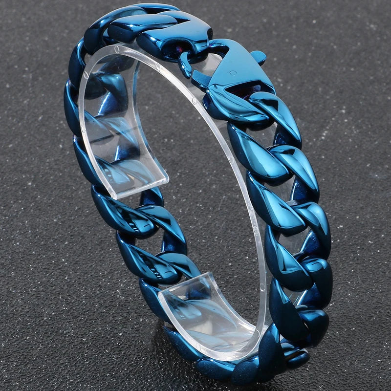 Vintage Black Stainless Steel Bracelet for Man Men's 15MM Wide Curb Link Chain Bracelets Bangles Armband Jewelry