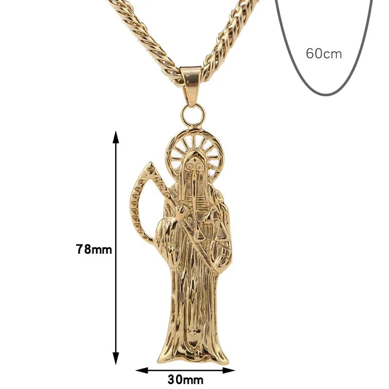 Witaya Classic New Retro Death of Angel Santa Muerte Mens Pendant Necklace 316L Stainless Steel Jewelry Men Party Gift