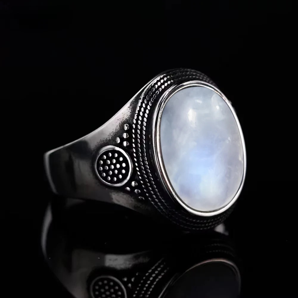 Vintage 925 Sterling Silver Ring Natural Moonstone Ring 10*14mm Oval Large Stone Retro Fine Jewelry Gift For Men
