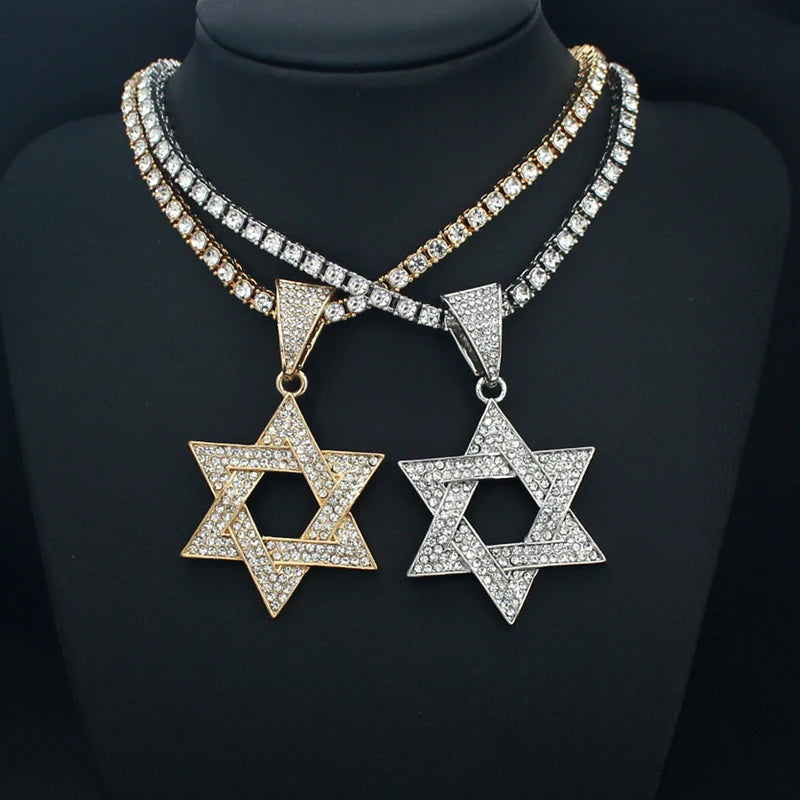 Fashion Star of David Pendant Necklace Women Men Hip Hop Tennis Cuban Chain Necklaces Classic Six-pointed Star Jewish