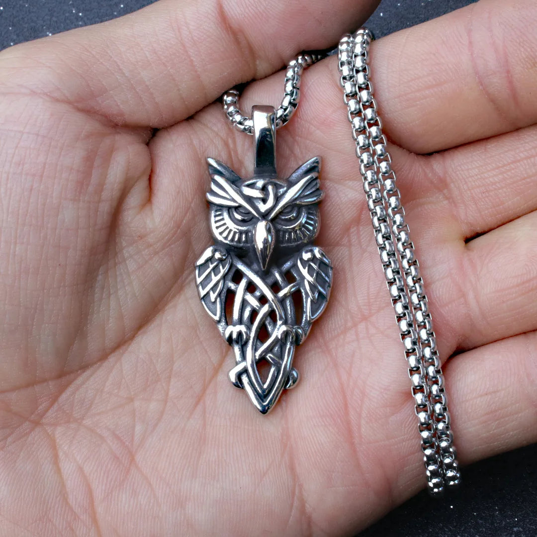 Silver Owl Pendant Necklace Viking Style