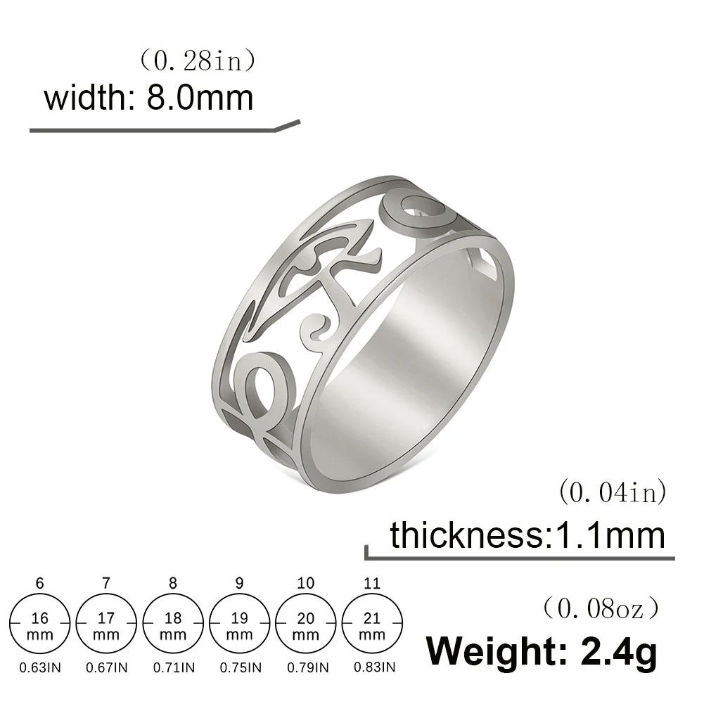 LIKGREAT Ancient Egypt Eye Of Horus Ring Stainless Steel Hollow Ra Udjat Finger Rings Accessories Ankh Cross For Women
