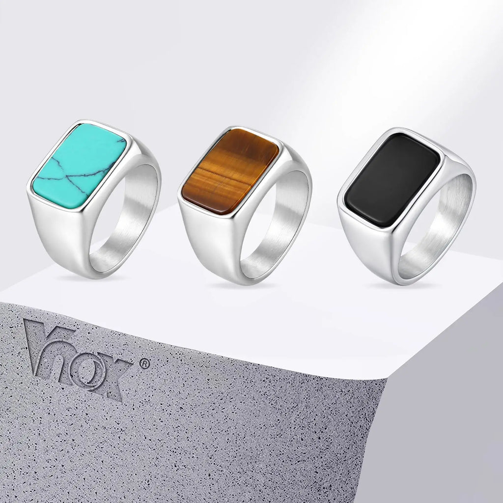 Vnox Stainless Steel Square Natural Stone Ring for Men Boys, Turquoise Tiger Eye Thumb Rings for Men, 12.8mm Width Signet Ring