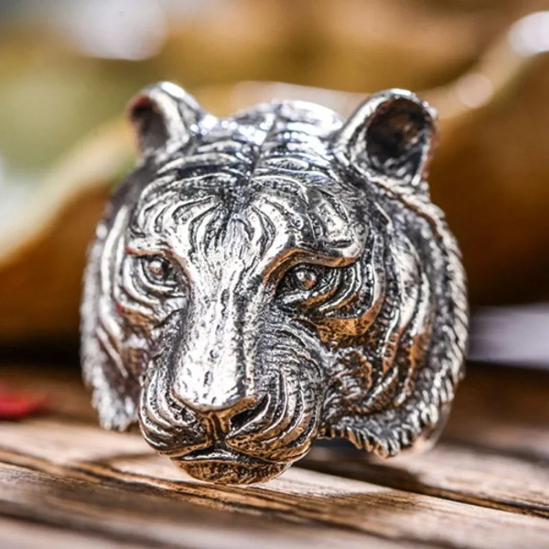 925 Thai silver domineering relief cameo tiger head mens rings classic charm handsome ring adjustable banquet jewelry gift