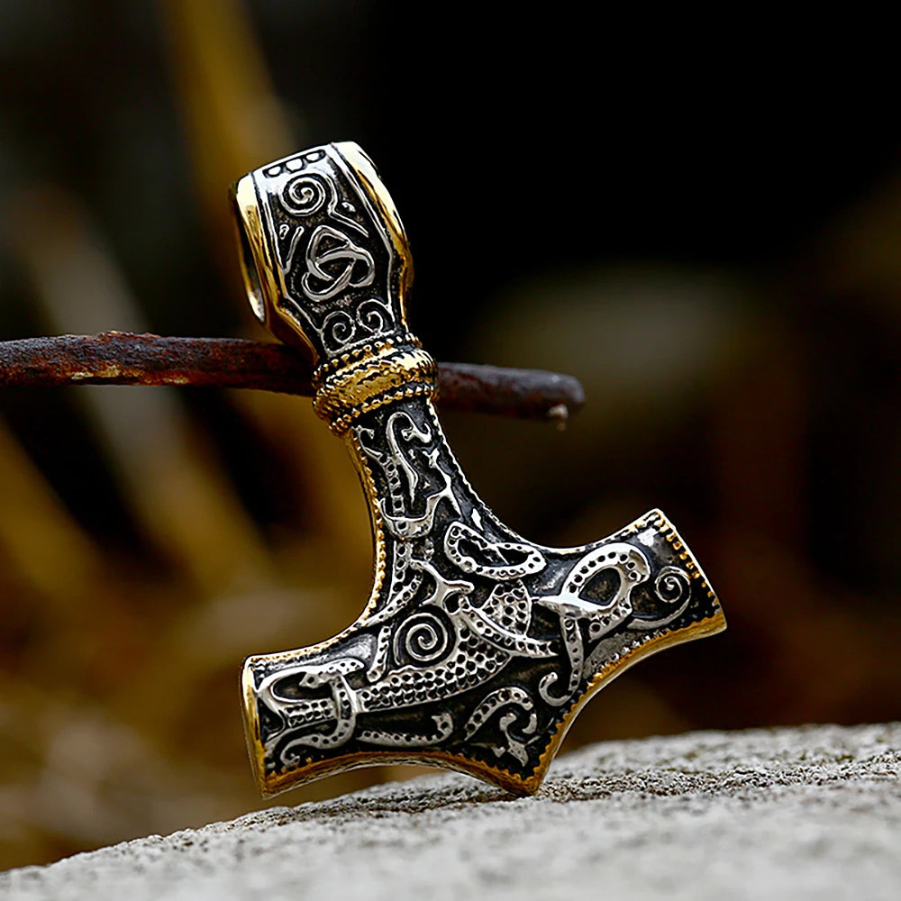 Vintage Stainless Steel Viking Thor's Hammer Pendant Necklace For Men Nordic Celtic Knot Necklace Fashion Jewelry Gift