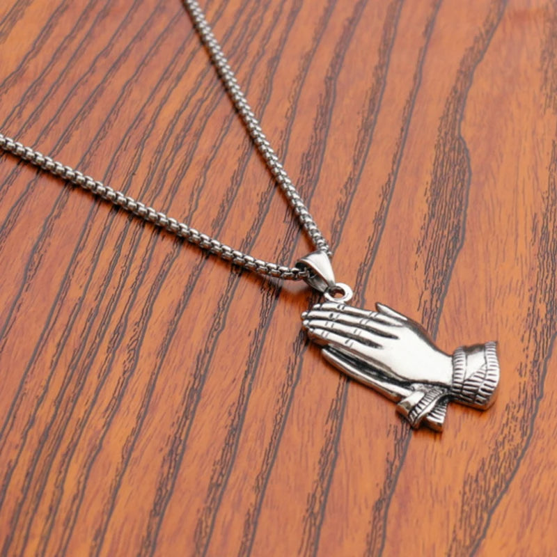 Silver Praying Hands Pendant Necklace Statement