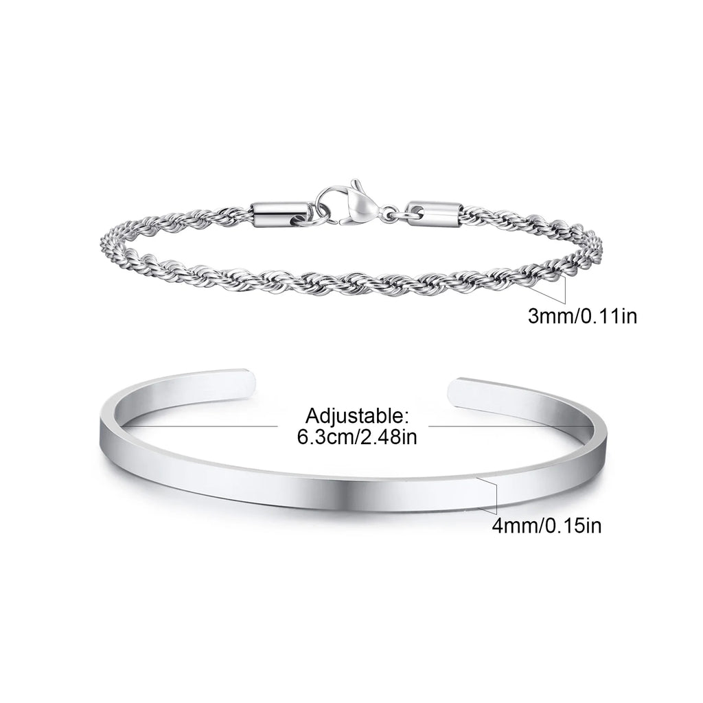 Men's 2pcs Set Simple Fashion Cuban Snake Link Chain Bracelet Stainless Steel Open Cuff Bangle Punk Hip Hop Jewelry Set