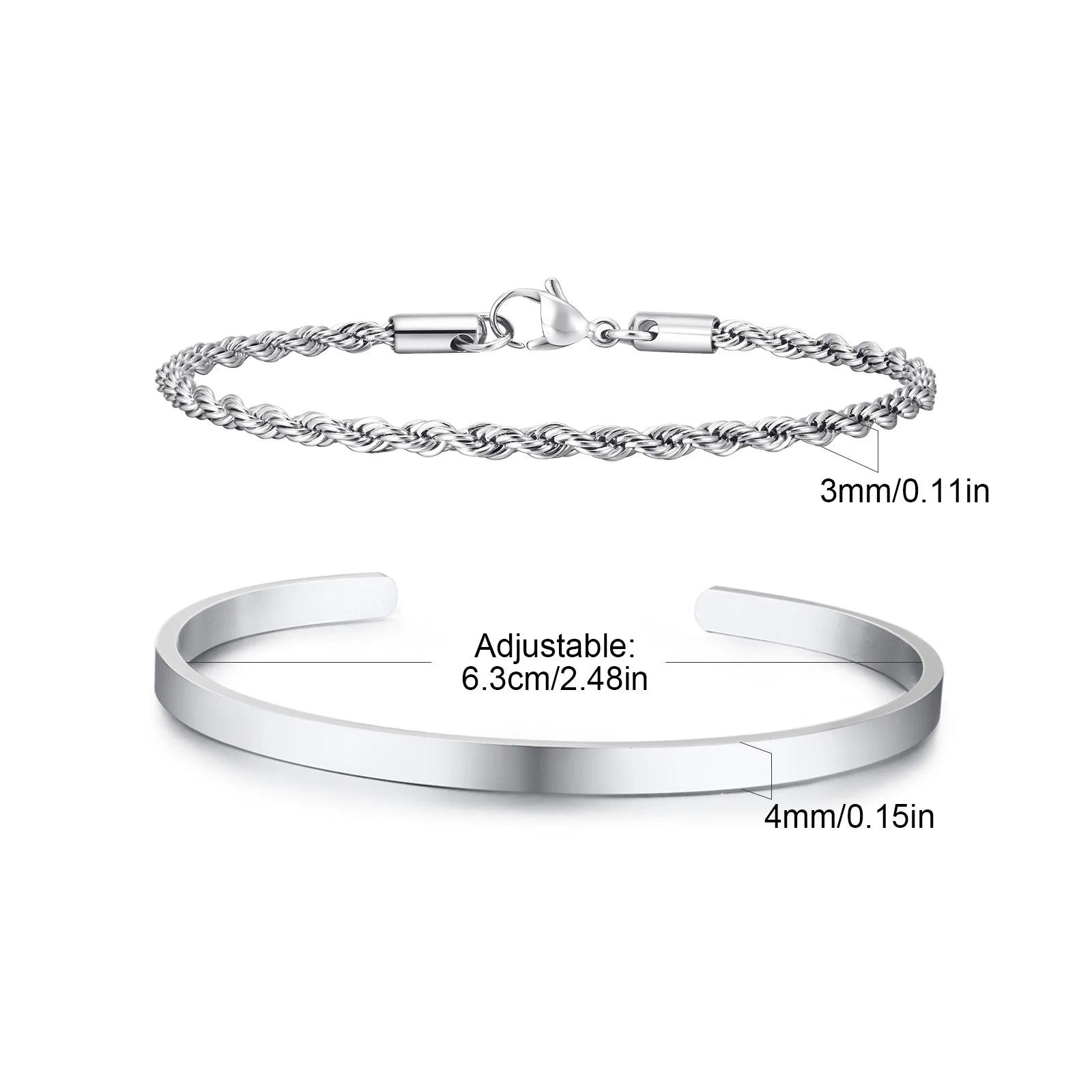 Men's 2pcs Set Simple Fashion Cuban Snake Link Chain Bracelet Stainless Steel Open Cuff Bangle Punk Hip Hop Jewelry Set
