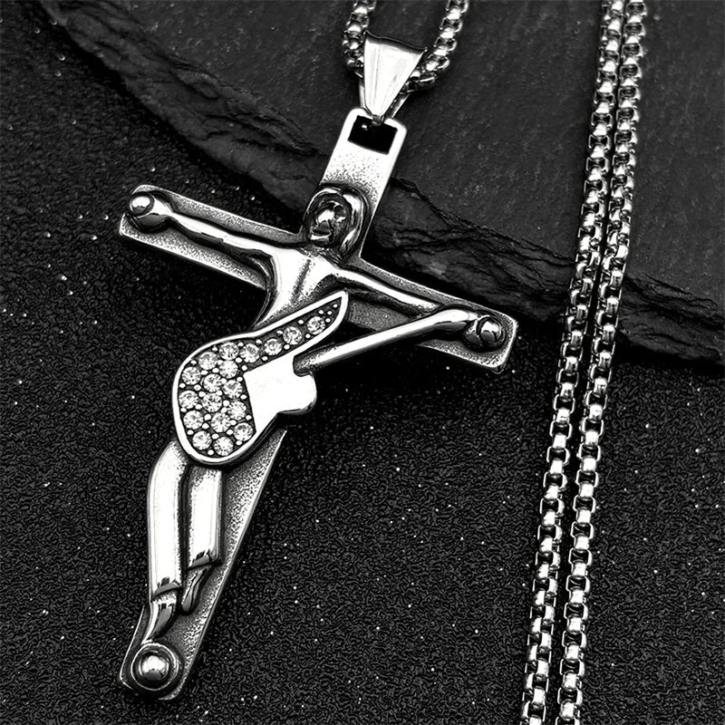 Cross Jesus Crucifix Silver Pendant Guitar Punk