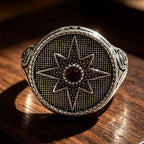 Vintage North Star Signet Ring, Retro Carved Band with Inlaid Red Zircon, Punk Amulet Jewelry, Gothic Statement
