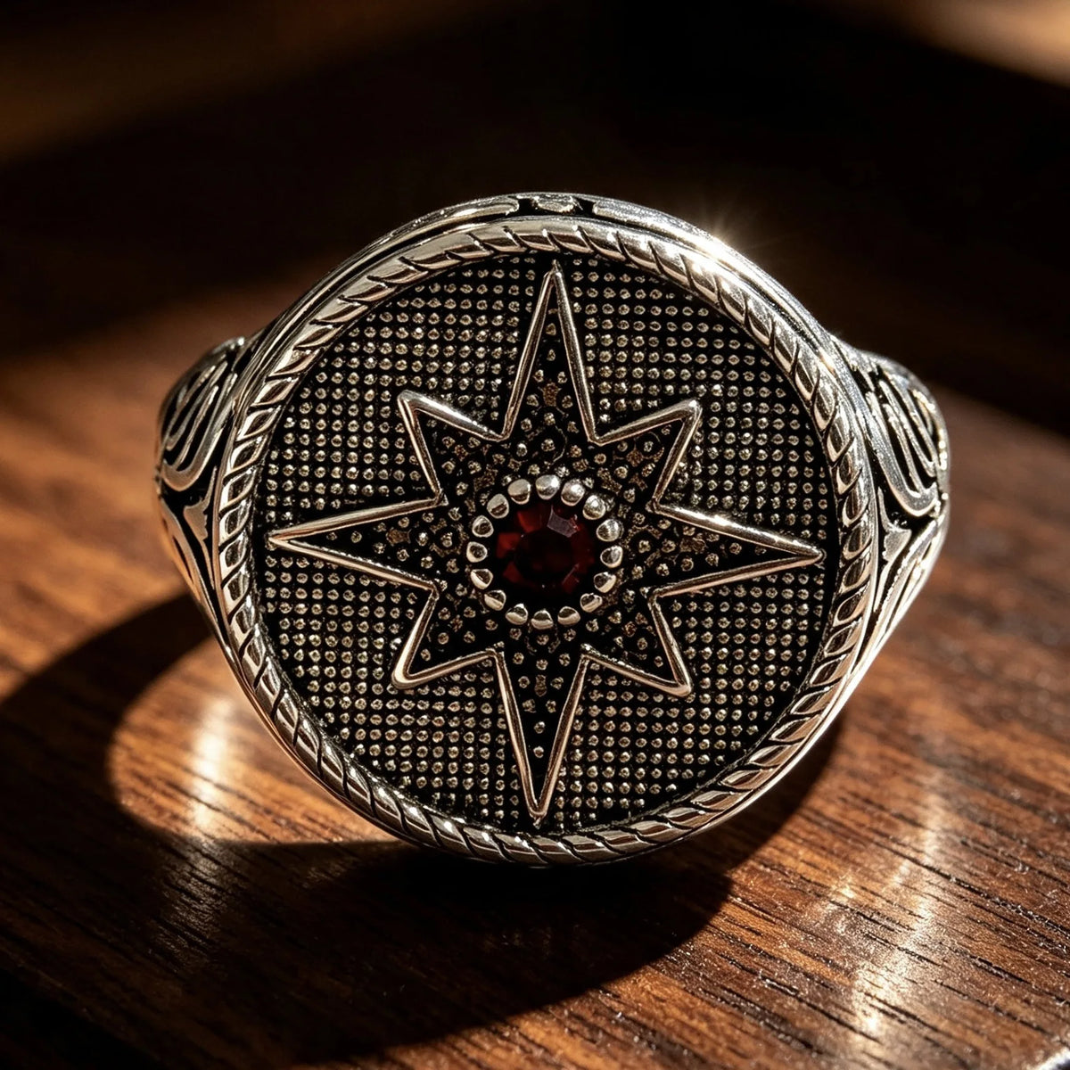 Vintage North Star Signet Ring, Retro Carved Band with Inlaid Red Zircon, Punk Amulet Jewelry, Gothic Statement