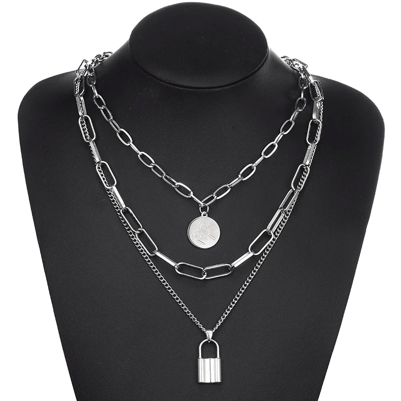 Fashion Chain Link Choker Heart Lock Cross Necklace Pendant For Women Men Silver Color Goth Jewelry Party Punk Long Necklaces