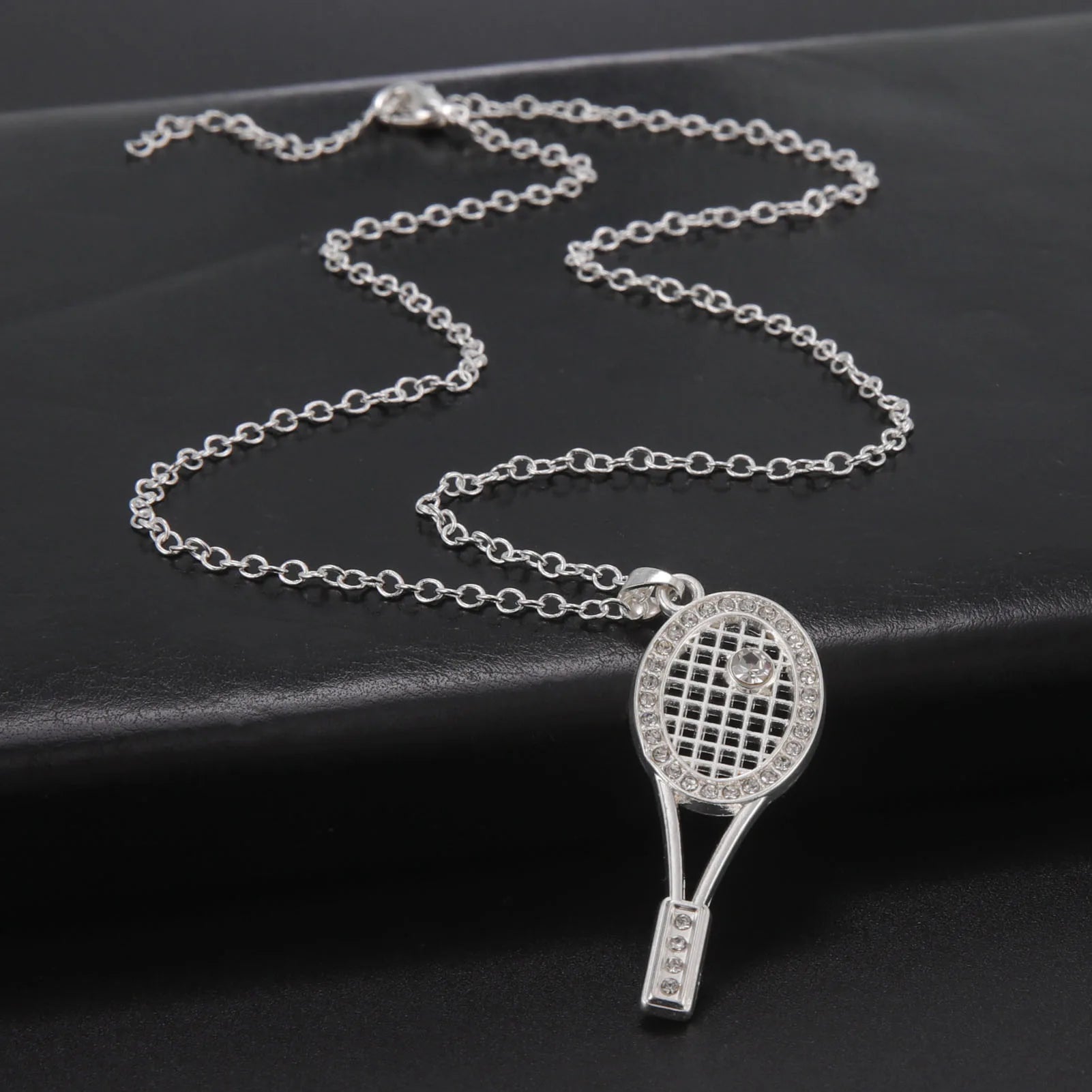 HIPEE Trendy Zinc Alloy Shiny Crystal Tennis Racket Pendant Necklace for Women Girls Sports Series Charm Necklaces Party Jewelry
