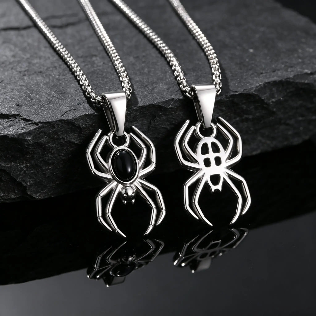 Gothic Punk Spider Totem Necklace for Men,Stainless Steel Black Onyx Inlaid Spider Pendant Necklace,Trend Halloween