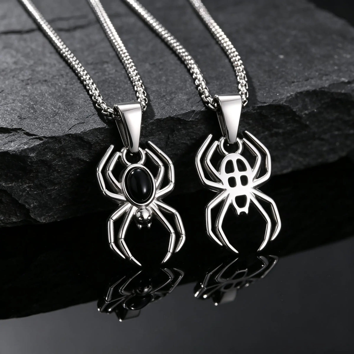 Gothic Punk Spider Totem Necklace for Men,Stainless Steel Black Onyx Inlaid Spider Pendant Necklace,Trend Halloween