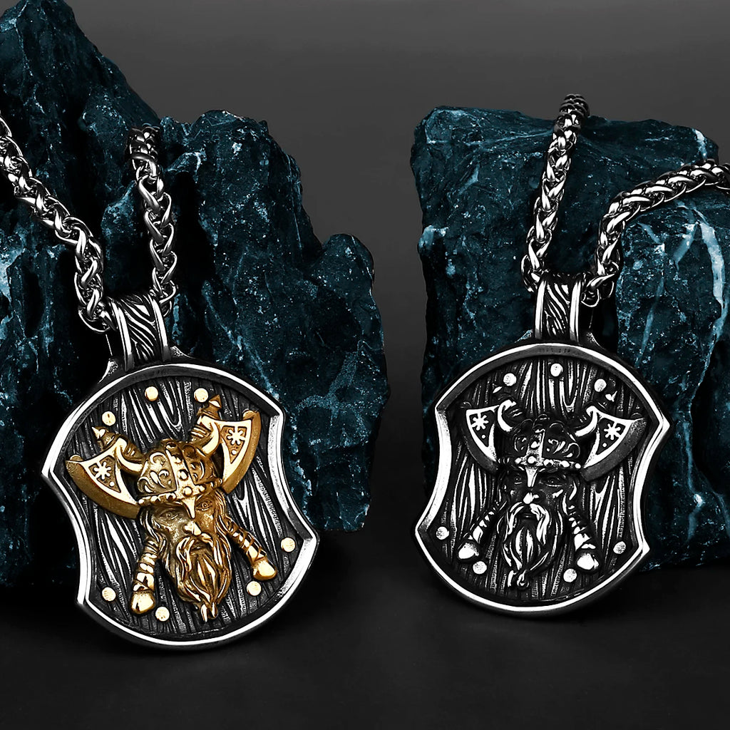 316L Stainless Steel Fashion Viking Odin Warrior Shield Necklace Nordic Amulet Double Axe Necklace Pendant Jewelry Men's Gift