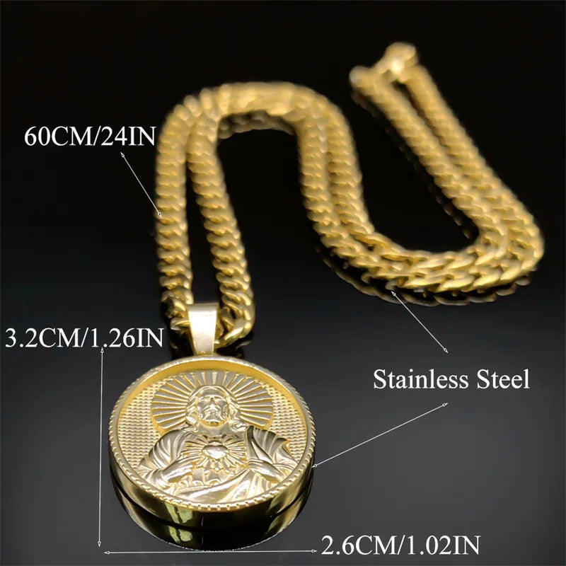 Circular 3D Relief Pendant Necklace — Gold-Tone Stainless Steel