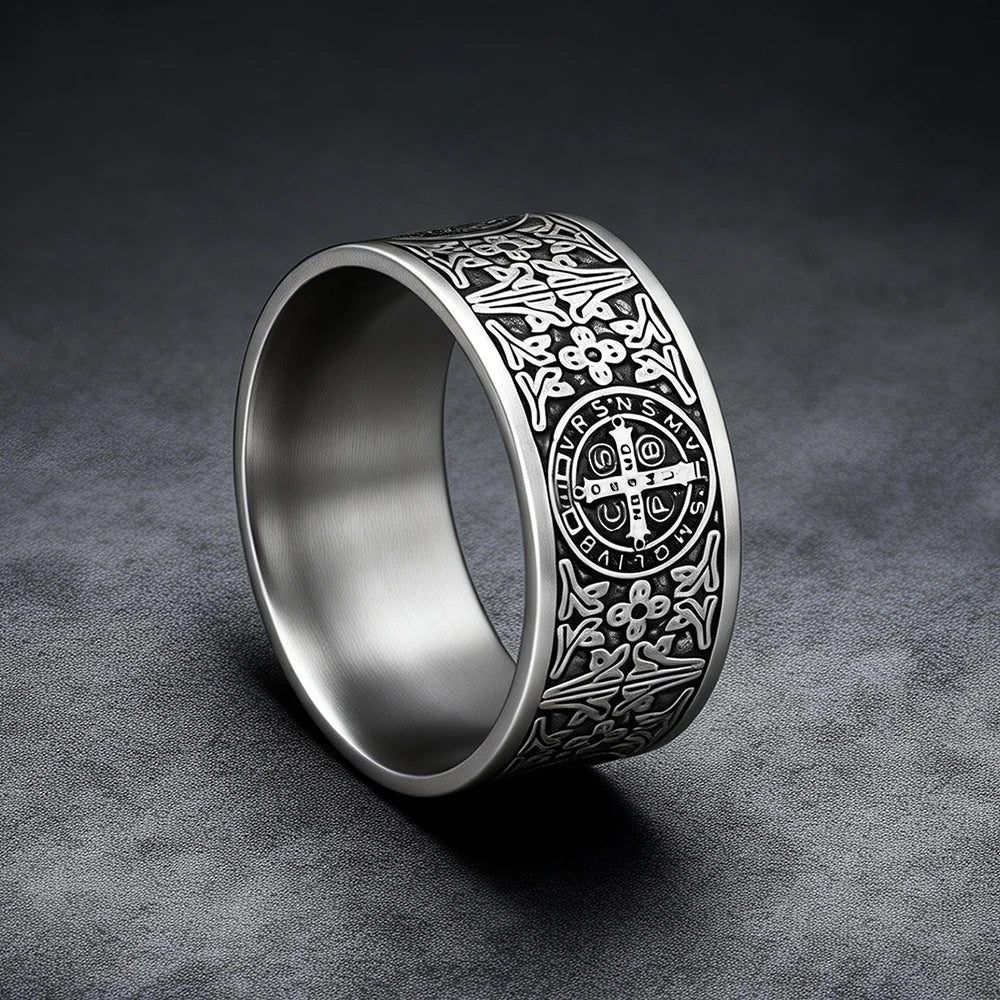 Saint Benedict Exorcism CSPB Cross Ring 316L Stainless Steel Punk Hip Hop Jewelry For Men Creative Gifts