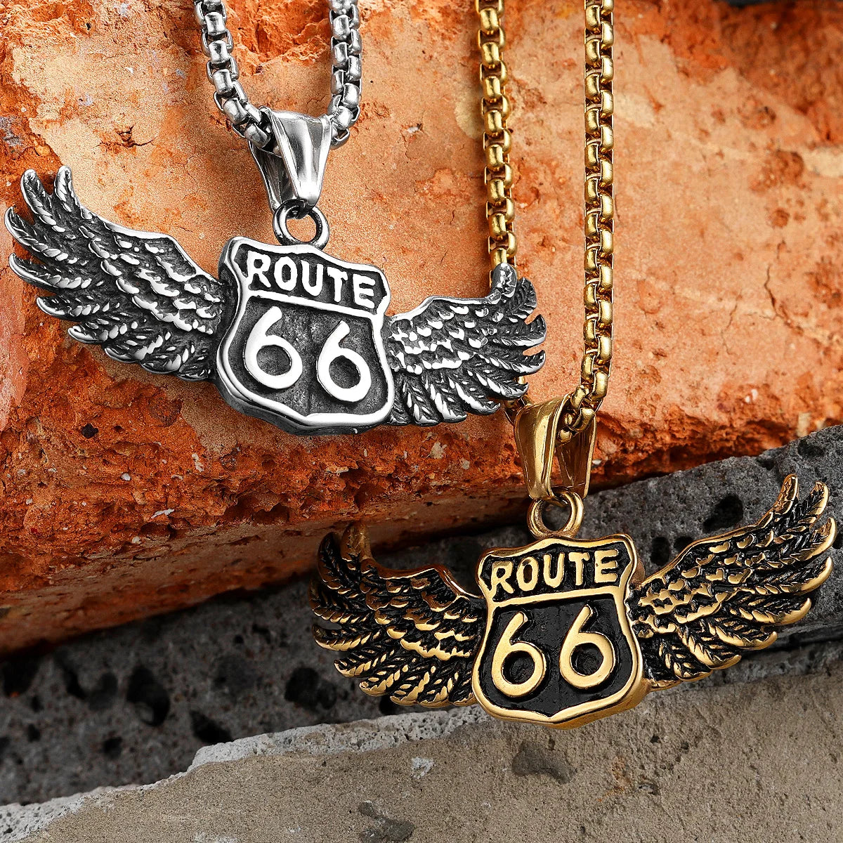 Route 66 Rider Wings Pendant — Stainless Steel