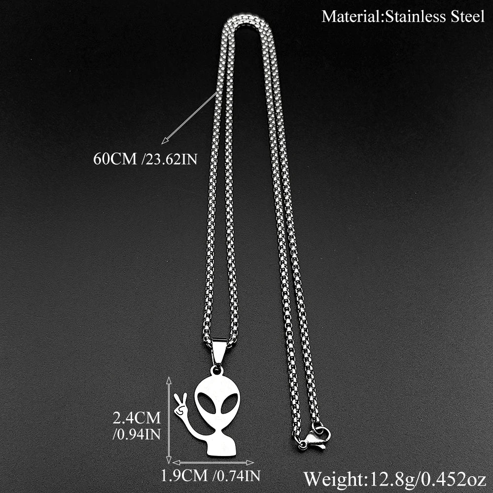 Funny Alien Yeah Pendant Necklace For Women Men Stainless Steel Silver Color Goth Streetwear Rapper Jewelry Chain