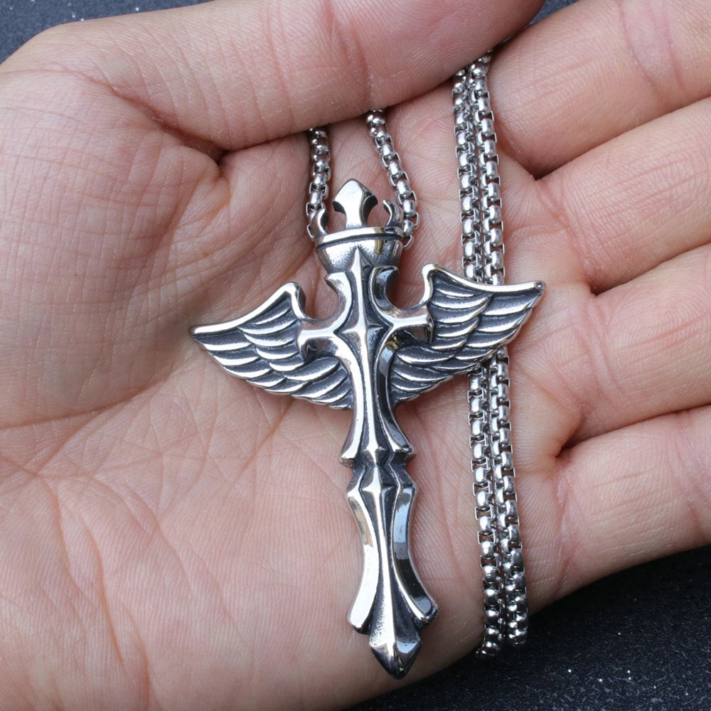 Silver Wings Cross Pendant Necklace Vintage