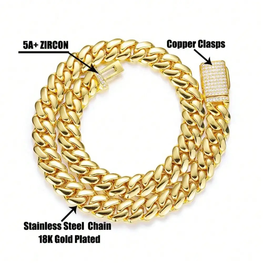 8-14mm Hip Hop Bling Iced Out 18k Gold-plated Stainless Steel Dense Cuban Miami Link Chain Necklaces for Unisex Rapper