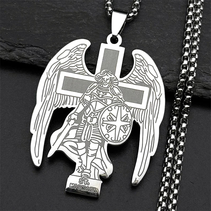 Archangel St.Michael Protect Us Cross Pendant Necklace for Women Men Stainless Steel Gold Color Saint Michael Chain Jewelry