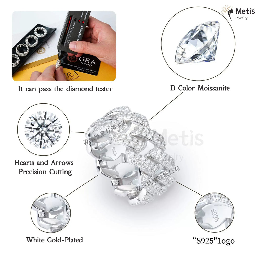 Hip Hop Cuban Link Ring Bling Iced Out 2 Row Full Moissanite Ring Hip Hop Engagement Band Ring 925 Sterling Silver for Women Men
