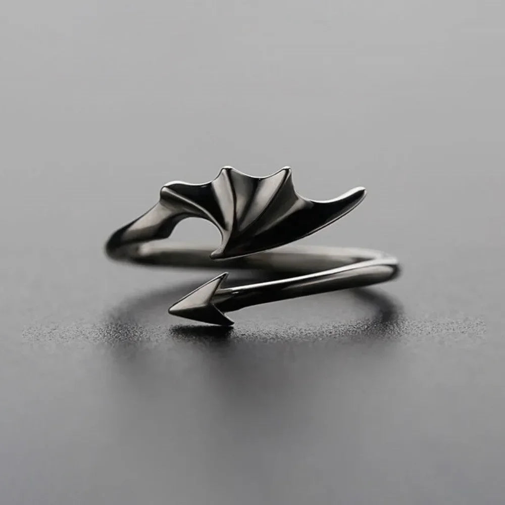 Gothic Angel & Devil Wings Open Ring — Vampire, Black & Silver