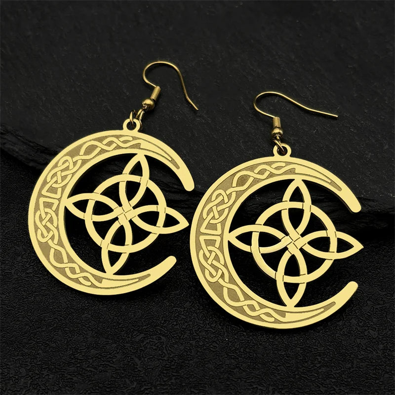 Celtic Gold Earrings Crescent Moon Witch's Knot