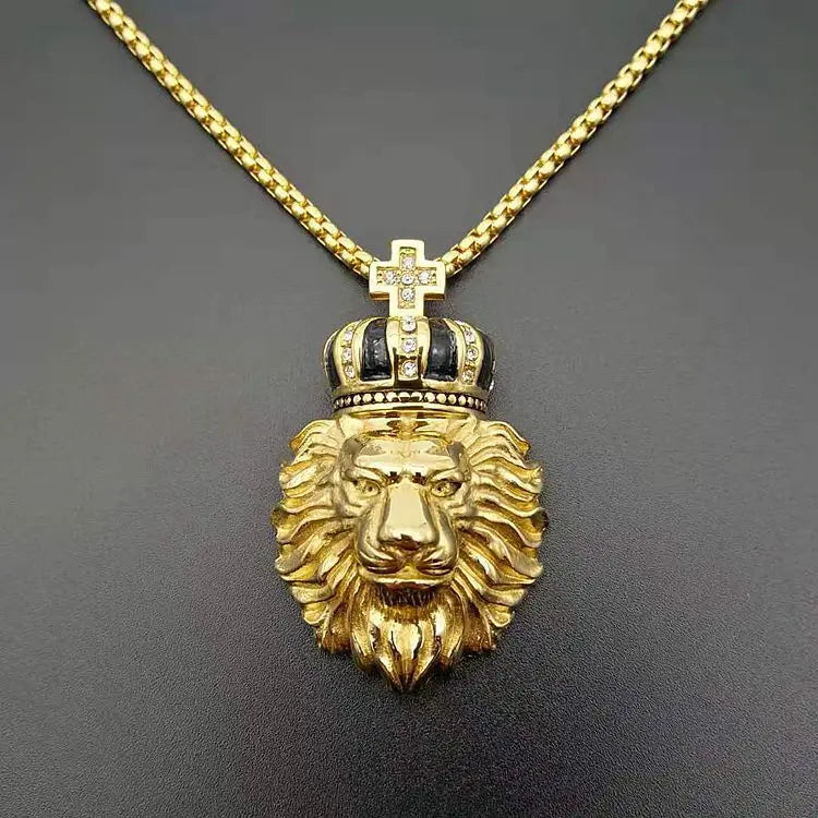 Lion Crown Cross Pendant Necklace — Stainless Steel