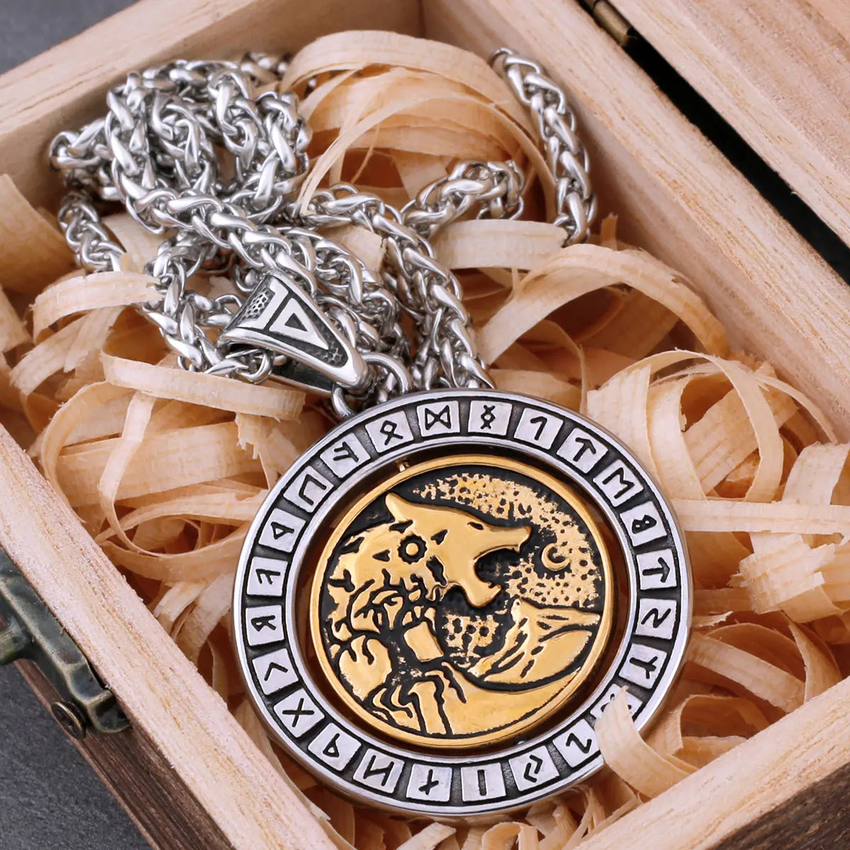 Rotating Viking Wolf Rune Pendant — Stainless Steel
