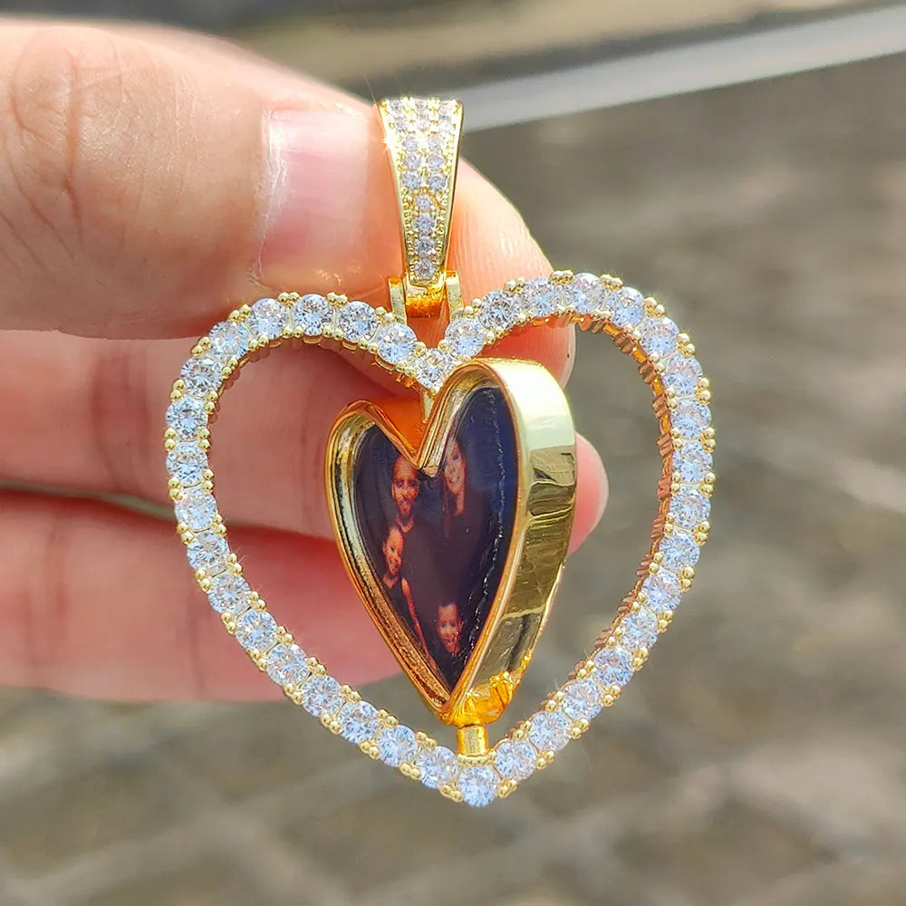 Iced Out Heart Photo Pendant Necklace