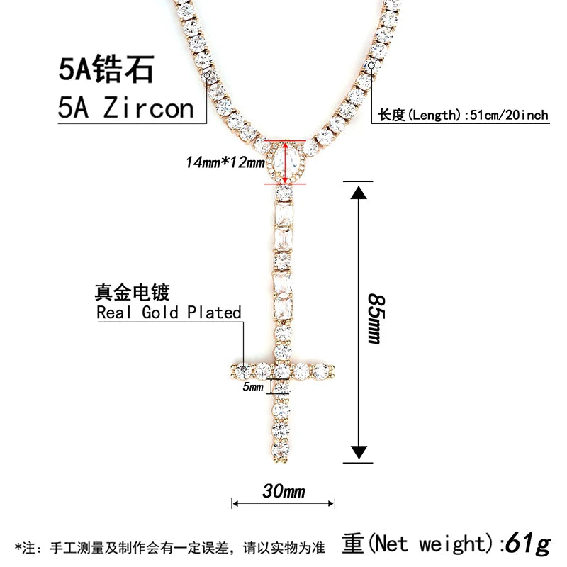 Iced Out Cross Pendant Tennis Chain Necklace — Copper Alloy