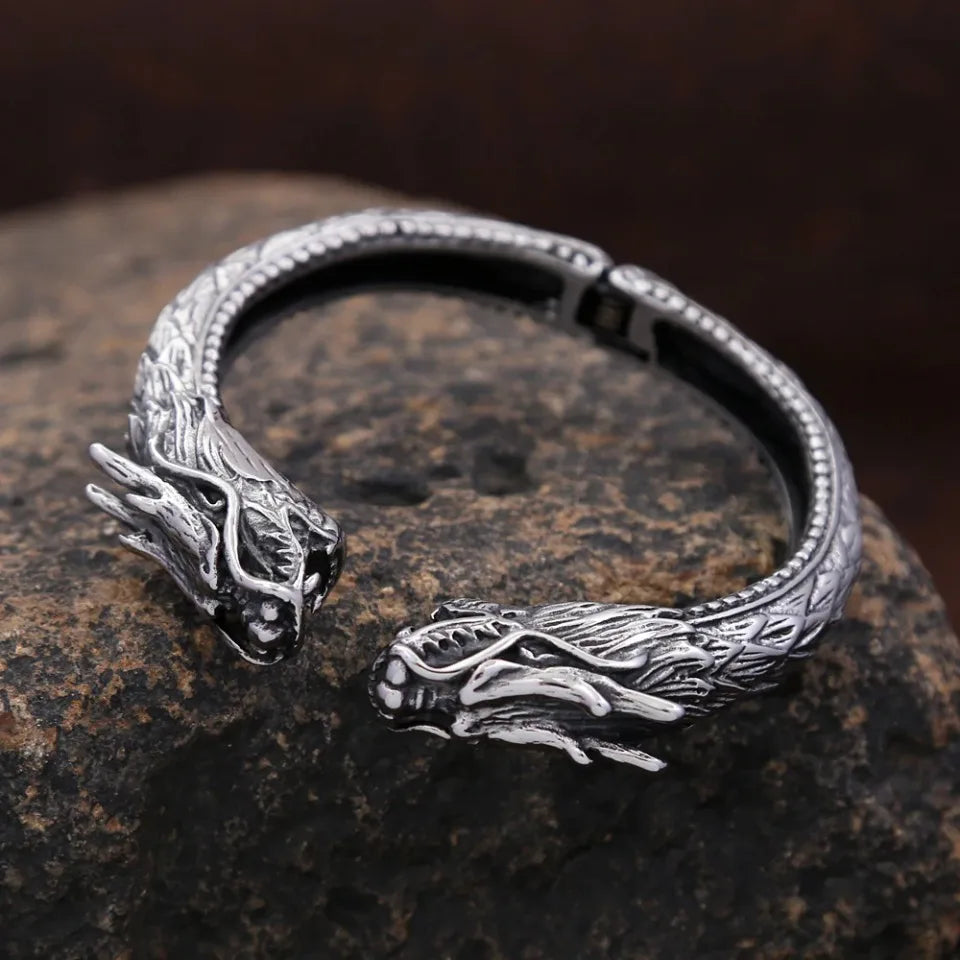 New Vintage Double Dragon Head Bracelets For Men Punk Hip Hop Biker 316L Stainless Steel Vikings Animal Bracelet Amulet