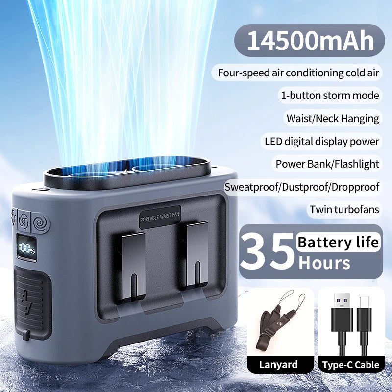 Socoolfan 14500mAh Outdoor Fan Portable Waist Hanging Neck Strong Dual Air Vents Fans for Travel Sports Courier Outdoor