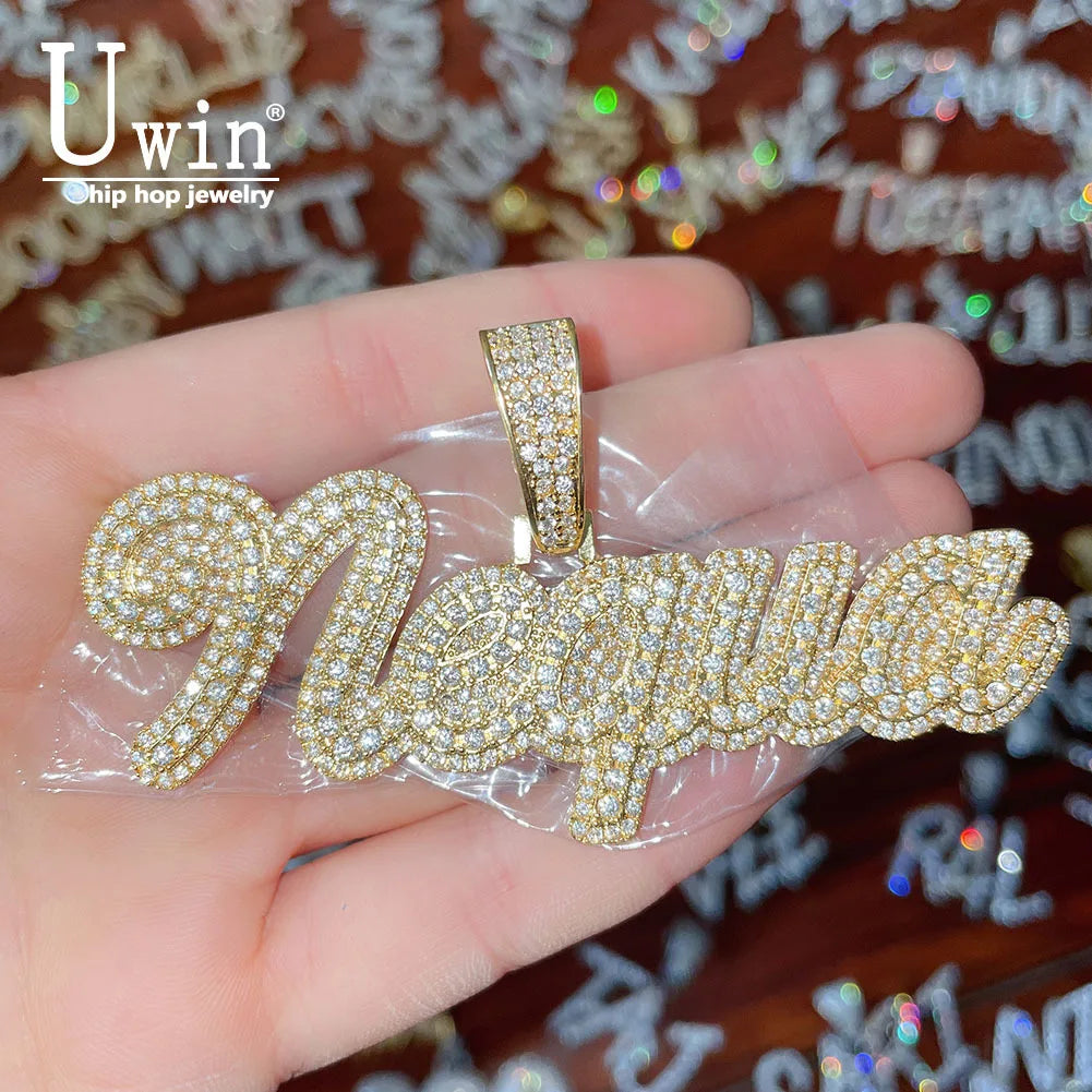 Uwin Custom Cursive Letter With Baguette Chain Iced Out Name Necklace Chain Cubic Zirconia Fashion Hiphop Jewelry