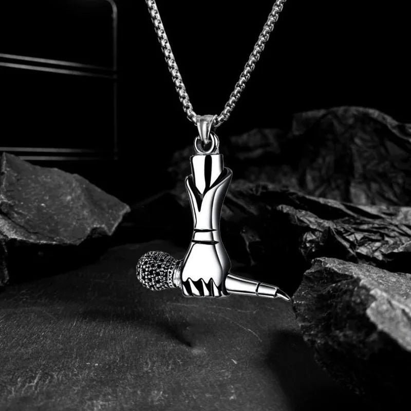 Silver Microphone Hand Pendant Necklace