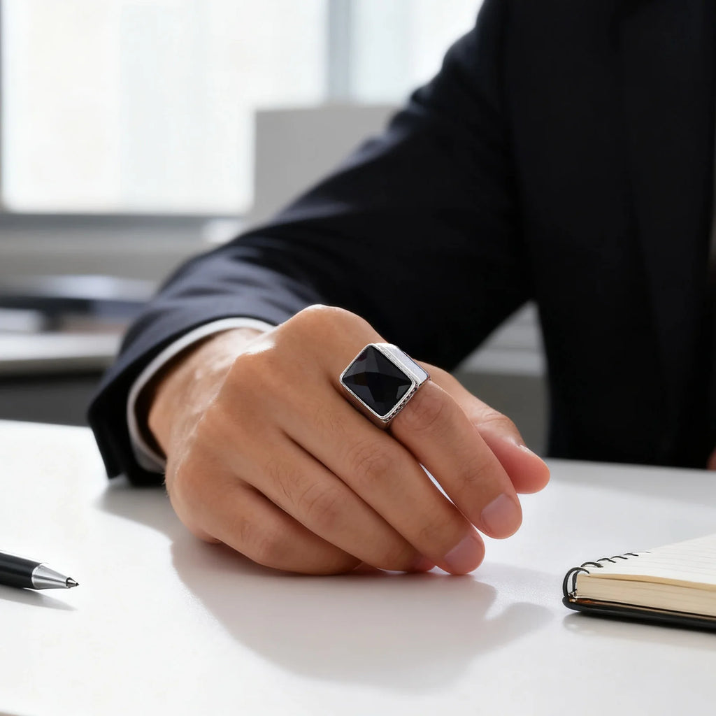Simple Retro Black Cubic Glass Signet Ring for Men, Geometric Square Stainless Steel Ring, Fashion Punk Finger Jewelry size 7-12