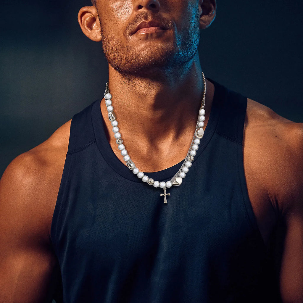 Mprainbow Long Tassel Cross Necklaces for Men Women,Reflective Beads Irregular Beaded Necklaces,Double Layers Collar
