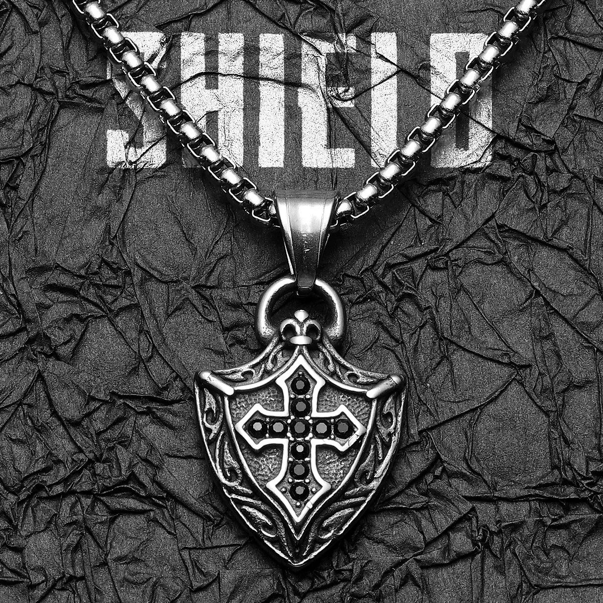 Cross Shield Gemstone Pendant — Stainless Steel